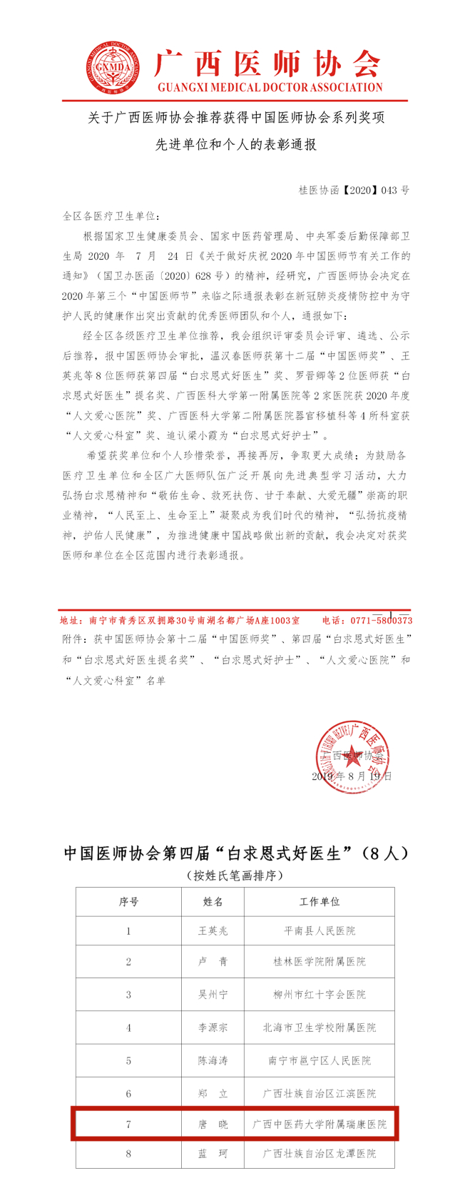 喜讯！我院唐晓医生荣获全国第四届“白求恩式好医生”称号