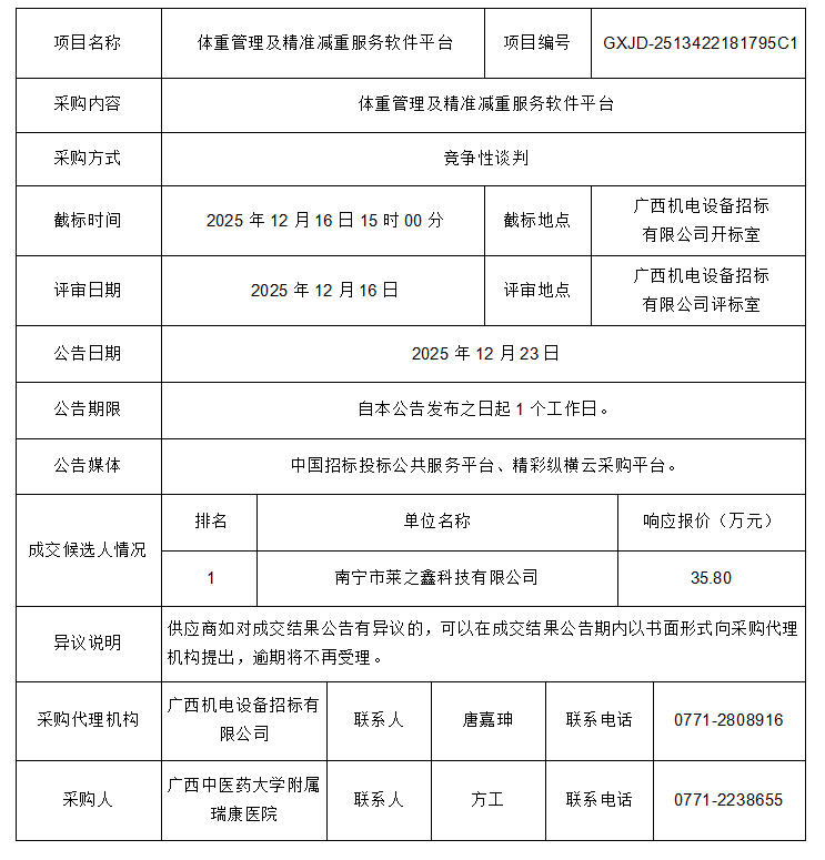 体重管理及精准减重服务软件平台（GXJD-2513422181795C1）成交结果公告